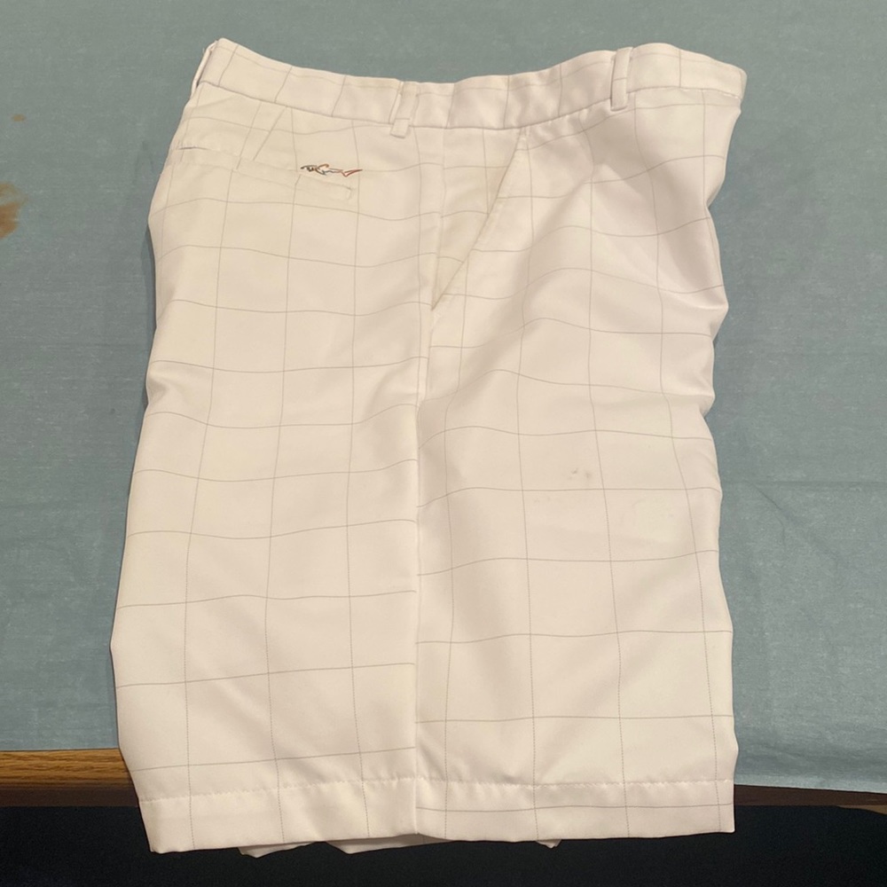 Greg Norman golf shorts with grey pinstripe